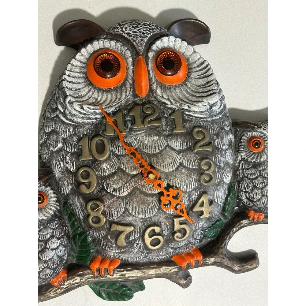 VTG Handmade Ceramic 3 Owl Family On Branch Wall Clock Retro 1975 Boho Works!